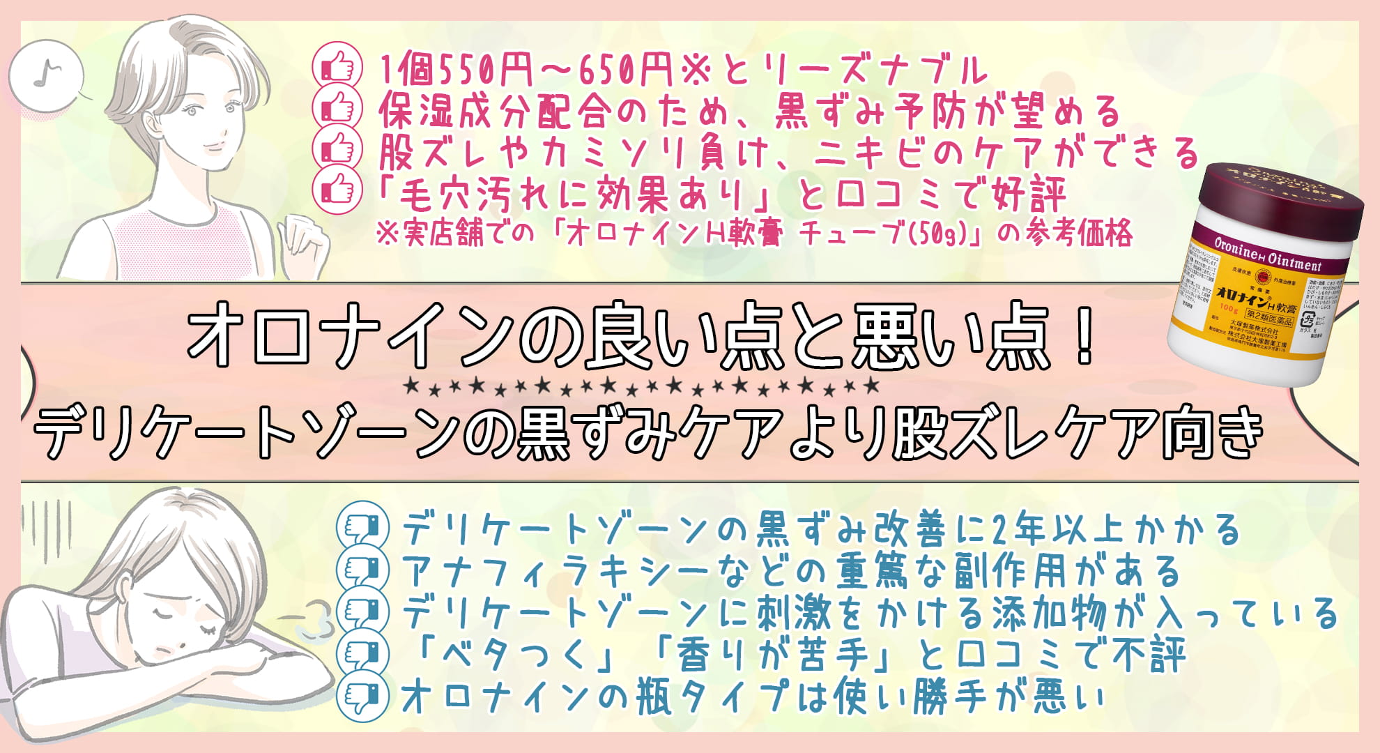 オロナインの良い点と悪い点!デリケートゾーンの黒ずみケアより股ズレケア向き